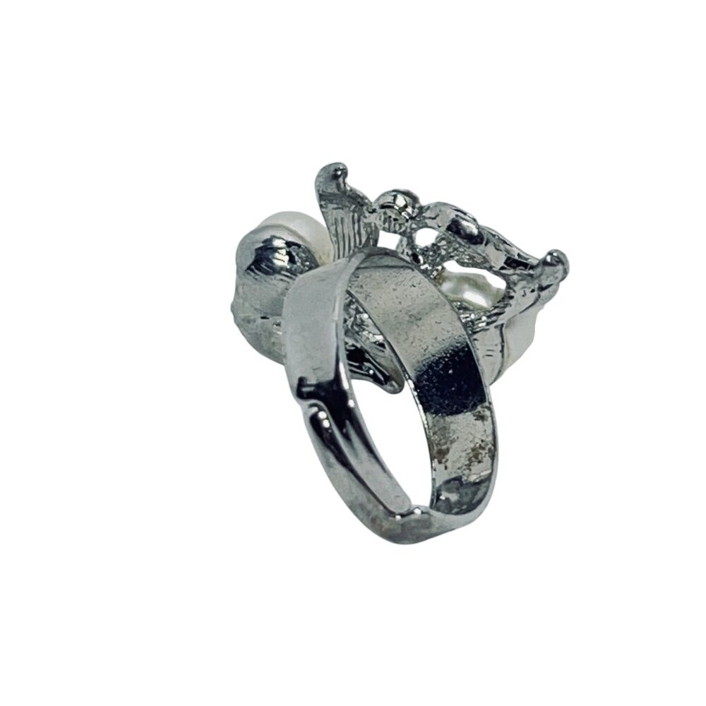 Silver Tone Leaf Design Adjustable Statement Ring With Faux Pearls (R437) - Picture 7 of 7